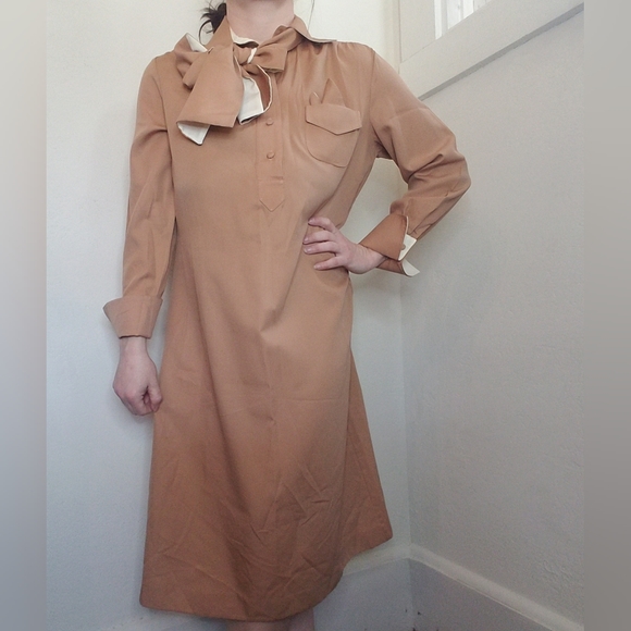 Vintage Dress Collared With Matching Kerchief And Belt/Bow Pink Mauve - Picture 16 of 16